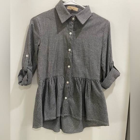 Love Notes Charcoal Striped Button-Down Peplum Shirt - Picture 1 of 8